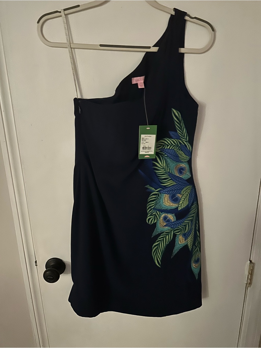 Lilly Pulitzer Navy One-Shoulder Dress with Peacock Feather Embroidery